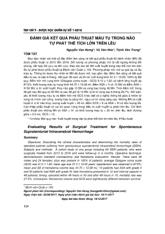 Đánh giá kết quả phẫu thuật máu tụ trong não tự phát thể tích lớn trên lều