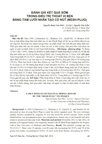 Đánh giá kết quả sớm trong điều trị thoát vị bẹn bằng tấm lưới nhân tạo có nút (Mesh - plug)