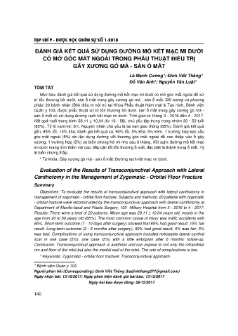 Đánh giá kết quả sử dụng đường mổ kết mạc mi dưới có mở góc mắt ngoài trong phẫu thuật điều trị gãy xương gò má - Sàn ổ mắt