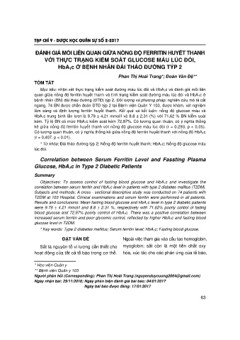Đánh giá mối liên quan giữa nồng độ ferritin huyết thanh với thực trạng kiểm soát glucose máu lúc đói, Hba1c ở bệnh nhân đái tháo đường týp 2