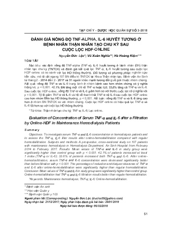 Đánh giá nồng độ tnf-  alpha, il - 6 huyết tương ở bệnh nhân thận nhân tạo chu kỳ sau cuộc lọc hdf - online