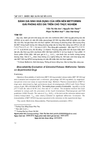 Đánh giá sinh khả dụng của viên nén metformin giải phóng kéo dài trên chó thực nghiệm