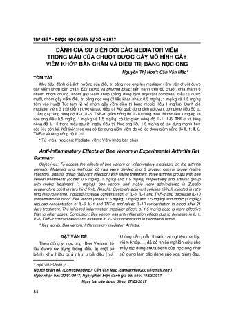 Đánh giá sự biến đổi các mediator viêm trong máu của chuột được gây mô hình gây viêm khớp bàn chân và điều trị bằng nọc ong