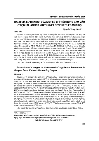 Đánh giá sự biến đổi của một số chỉ tiêu đông cầm máu ở bệnh nhân sốt xuất huyết dengue theo mức độ