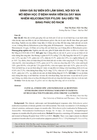 Đánh giá sự biến đổi lâm sàng, nội soi và mô bệnh học ở bệnh nhân viêm dạ dày mạn nhiễm helicobacter pylori sau điều trị bằng phác đồ racm