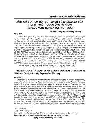 Đánh giá sự thay đổi một số chỉ số chống oxy hóa trong huyết tương ở công nhân tiếp xúc nghề nghiệp với thủy ngân