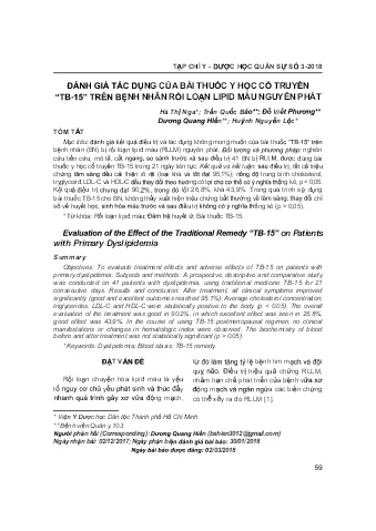 Đánh giá tác dụng của bài thuốc y học cổ truyền “tb - 15” trên bệnh nhân rối loạn lipid máu nguyên phát