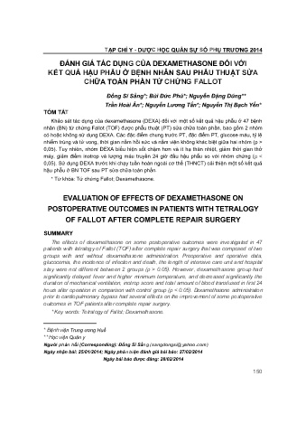 Đánh giá tác dụng của dexamethasone đối với kết quả hậu phẫu ở bệnh nhân sau phẫu thuật sửa chữa toàn phần tứ chứng fallot