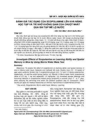 Đánh giá tác dụng của scopolamine lên khả năng học tập và trí nhớ không gian của chuột nhắt qua bài tập mê lộ nước