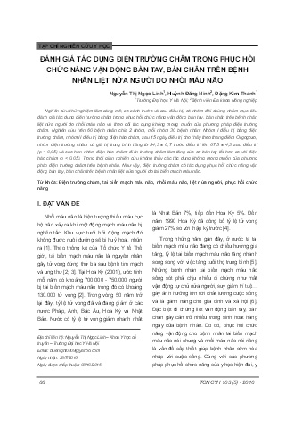 Đánh giá tác dụng điện trường châm trong phục hồi chức năng vận động bàn tay, bàn chân trên bệnh nhân liệt nửa người do nhồi máu não