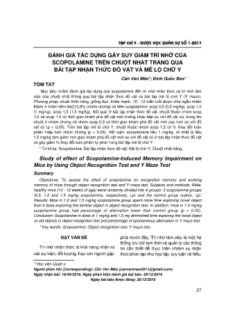Đánh giá tác dụng gây suy giảm trí nhớ của scopolamine trên chuột nhắt trắng qua bài tập nhận thức đồ vật và mê lộ chữ y