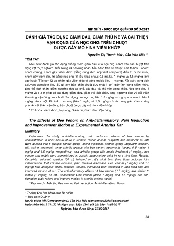 Đánh giá tác dụng giảm đau, giảm phù nề và cải thiện vận động của nọc ong trên chuột được gây mô hình viêm khớp