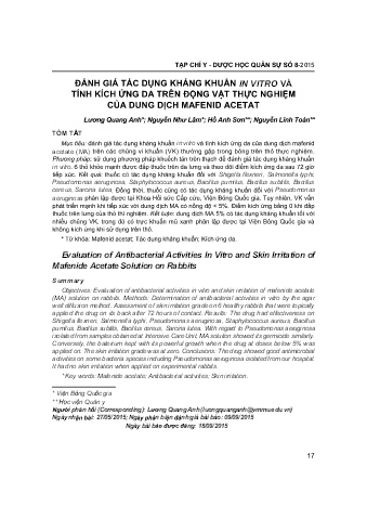 Đánh giá tác dụng kháng khuẩn in vitro và tính kích ứng da trên động vật thực nghiệm của dung dịch mafenid acetat