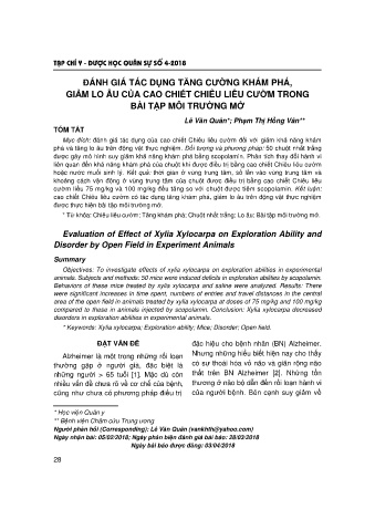 Đánh giá tác dụng tăng cường khám phá, giảm lo âu của cao chiết chiêu liêu cườm trong bài tập môi trường mở