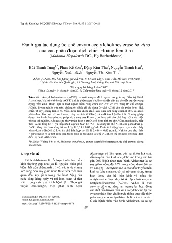 Đánh giá tác dụng ức chế enzym acetylcholinesterase in vitro của các phân đoạn dịch chiết Hoàng liên ô rô