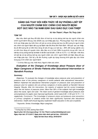 Đánh giá thay đổi kiến thức về dự phòng loét ép của người chăm sóc chính cho người bệnh đột quỵ não tại Nam Định sau giáo dục can thiệp