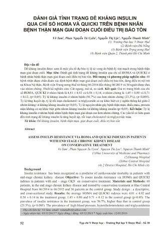 Đánh giá tình trạng đề kháng insulin qua chỉ số homa và quicki trên bệnh nhân bệnh thận mạn giai đoạn cuối điều trị bảo tồn