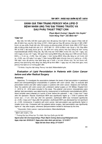 Đánh giá tình trạng peroxy hóa lipid ở bệnh nhân ung thư đại tràng trước và sau phẫu thuật triệt căn