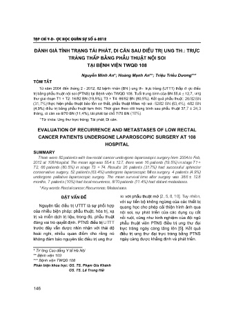 Đánh giá tình trạng tái phát, di căn sau điều trị ung thư Trực tràng thấp bằng phẫu thuật nội soi tại bệnh viện TWQĐ 108