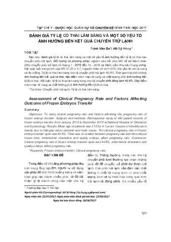 Đánh giá tỷ lệ có thai lâm sàng và một số yếu tố ảnh hưởng đến kết quả chuyển trữ lạnh