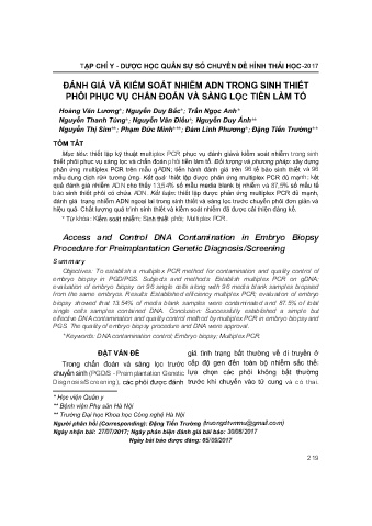 Đánh giá và kiểm soát nhiễm adn trong sinh thiết phôi phục vụ chẩn đoán và sàng lọc tiền làm tổ