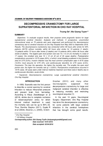 Decompressive craniectomy for large supratentorial infarction in cho ray hospital