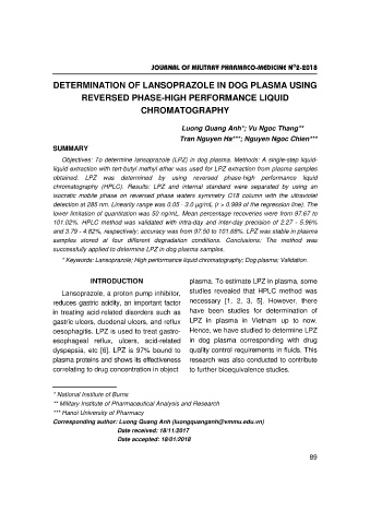 Determination of lansoprazole in dog plasma using reversed phase - high performance liquid chromatography