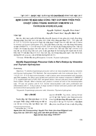 Định danh tế bào đầu dòng tiết dopamin trên phôi chuột cống trắng marker vimentin và thyroxin hydroxylase