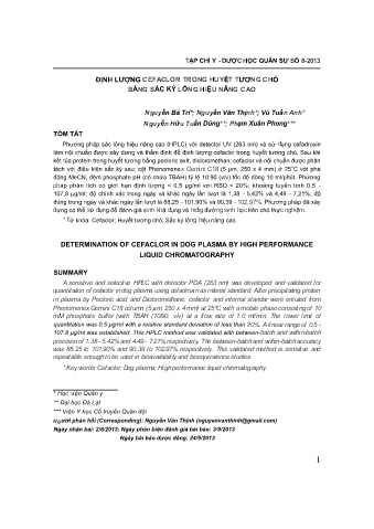 Định lượng cefaclor trong huyết tương chó bằng sắc ký lỏng hiệu năng cao