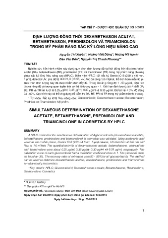 Định lượng đồng thời dexamethason acetat, betamethason, prednisolon và triamcinolon trong mỹ phẩm bằng sắc ký lỏng hiệu năng cao