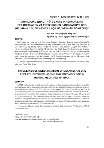 Định lượng đồng thời dexamethason acetat betamethason và prednisolon bằng sắc ký lỏng hiệu năng cao để kiểm tra một số chế phẩm đông dược