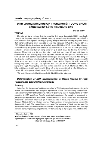 Định lượng doxorubicin trong huyết tương chuột bằng sắc ký lỏng hiệu năng cao