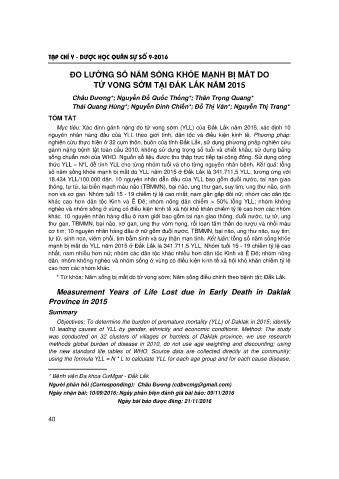 Đo lường số năm sống khỏe mạnh bị mất do tử vong sớm tại Đắk lắk năm 2015