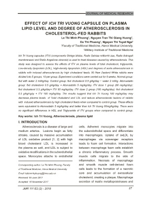 Effect of ich tri vuong capsule on plasma lipid level and degree of atherosclerosis in cholesterol - fed rabbits