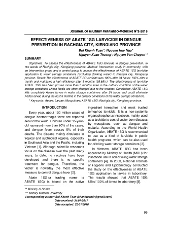 Effectiveness of abate 1sg larvicide in dengue prevention in rachgia city, KienGiang province
