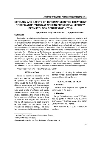 Efficacy and safety of terbinafine in the treatment of dermatophytosis at nghean provincipal leprosy, dermatology centre (2015 - 2016)