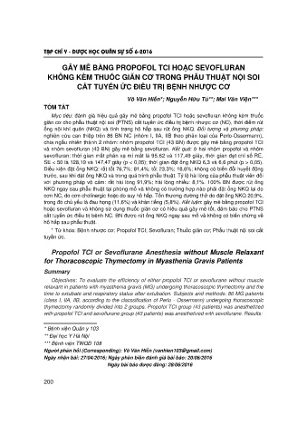 Gây mê bằng propofol tci hoặc sevofluran không kèm thuốc giãn cơ trong phẫu thuật nội soi cắt tuyến ức điều trị bệnh nhược cơ