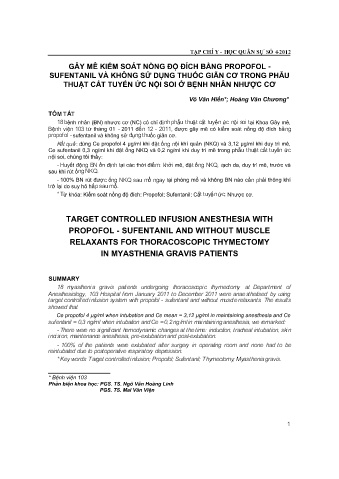Gây mê kiểm soát nồng độ đích bằng propofol - Sufentanil và không sử dụng thuốc giãn cơ trong phẫu thuật cắt tuyến ức nội soi ở bệnh nhân nhược cơ