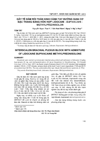 Gây tê đám rối thần kinh cánh tay đường gian cơ bậc thang bằng hỗn hợp lidocain - Bupivacain - Methylprednisolon