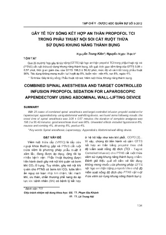 Gây tê tủy sống kết hợp an thần propofol tci trong phẫu thuật nội soi cắt ruột thừa sử dụng khung nâng thành bụng