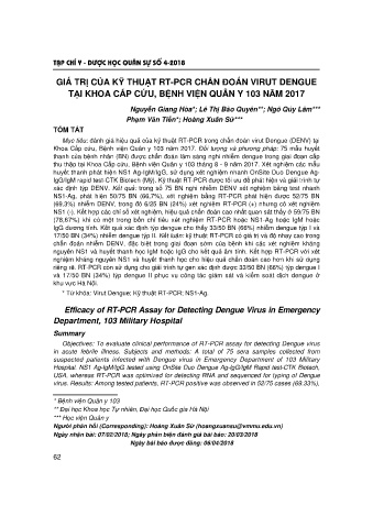 Giá trị của kỹ thuật rt - pcr chẩn đoán virut dengue tại khoa cấp cứu, bệnh viện quân y 103 năm 2017