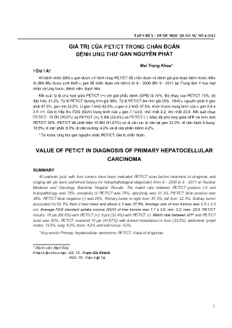 Giá trị của pet/ct trong chẩn đoán bệnh ung thư gan nguyên phát