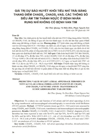Giá trị dự báo huyết khối tiểu nhĩ trái bằng thang điểm chads 2, chads2-vas, các thông số siêu âm tim thành ngực ở bệnh nhân rung nhĩ không có bệnh van tim
