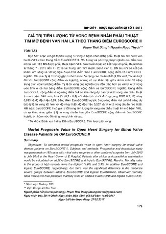 Giá trị tiên lượng tử vong bệnh nhân phẫu thuật tim mở bệnh van hai lá theo thang điểm euroscore II