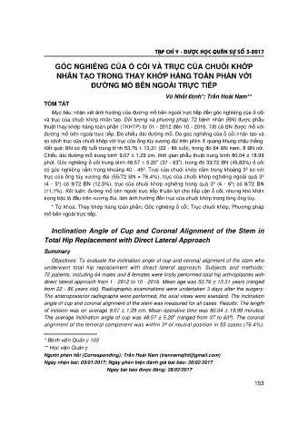 Góc nghiêng của ổ cối và trục của chuôi khớp nhân tạo trong thay khớp háng toàn phần với đường mổ bên ngoài trực tiếp