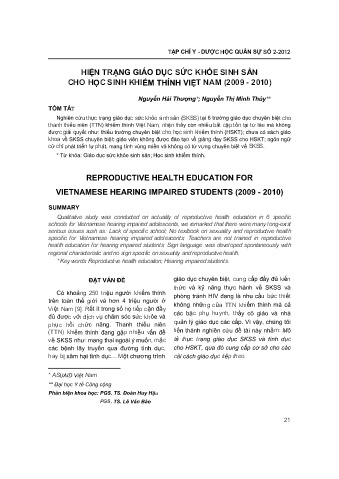 Hiện trạng giáo dục sức khỏe sinh sản cho học sinh khiếm thính Việt Nam (2009 - 2010)