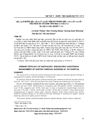 Hiệu quả bước đầu của kỹ thuật tiêm xơ trong điều trị xuất huyết tiêu hóa do vỡ giãn tĩnh mạch phình vị tại bệnh viện qu ân y 103