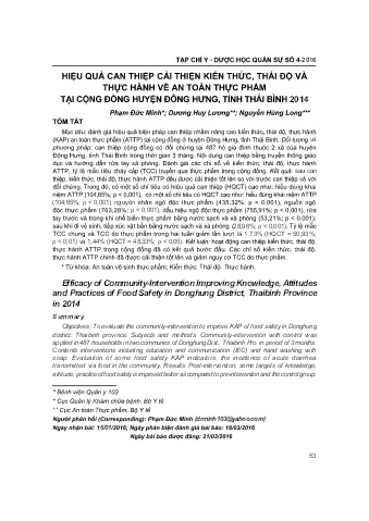 Hiệu quả can thiệp cải thiện kiến thức thái độ và thực hành về an toàn thực phẩm tại cộng đồng huyện Đông Hưng tỉnh Thái Bình 2014
