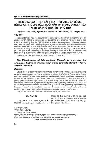 Hiệu quả can thiệp cải thiện thói quen ăn uống, rèn luyện thể lực của người mắc hội chứng chuyển hóa tại thị xã Phú Thọ, tỉnh Phú Thọ