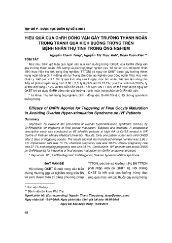 Hiệu quả của gnrh đồng vận gây trưởng thành noãn trong tránh quá kích buồng trứng trên bệnh nhân thụ tinh trong ông nghiệm